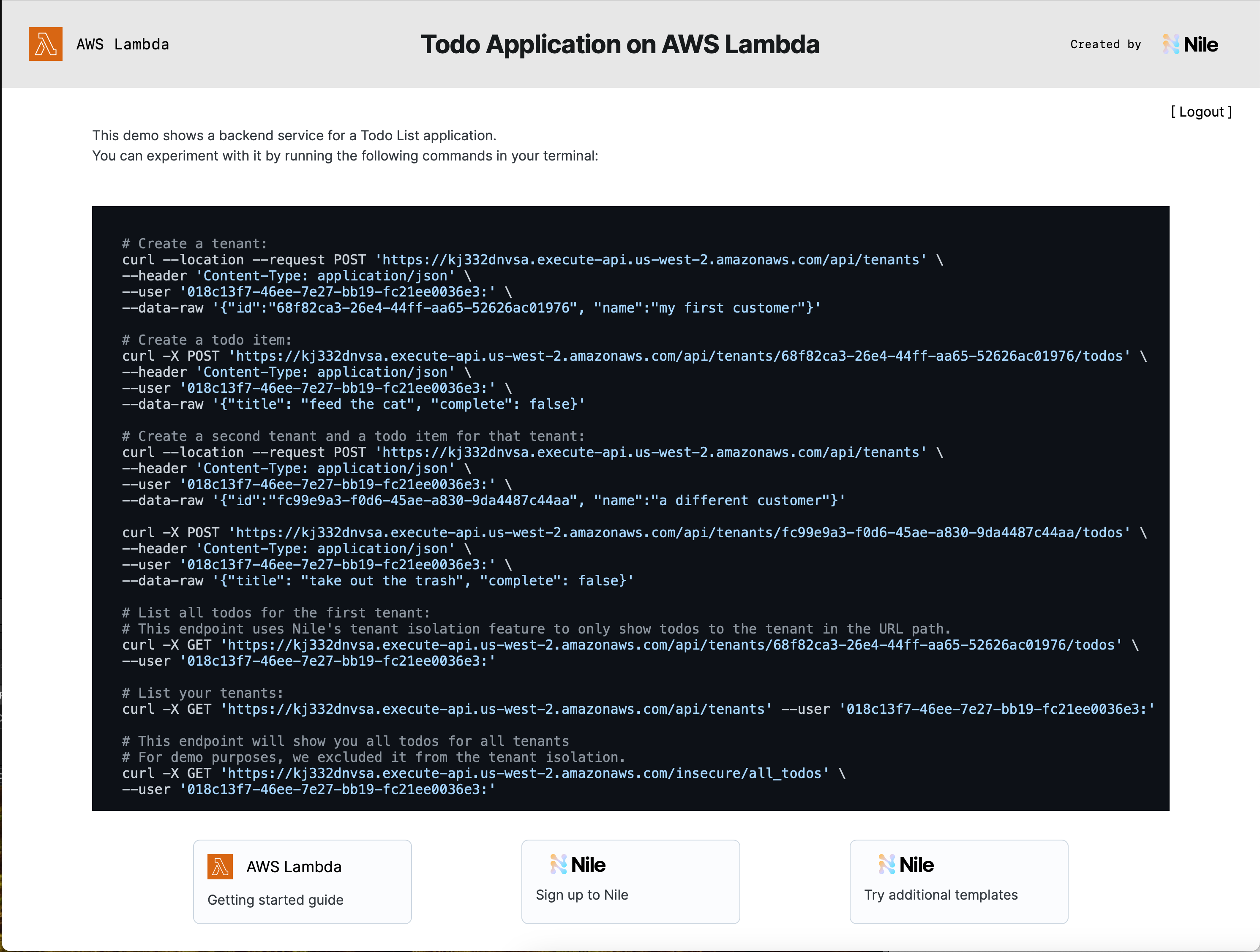 Todo List application backend with Nile and AWS Lambda